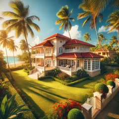 DALL·E 2025-02-17 19.53.52 - A picturesque residence in the Dominican Republic, featuring a tropical villa with a red-tiled roof, white walls, and large open terraces. The house i