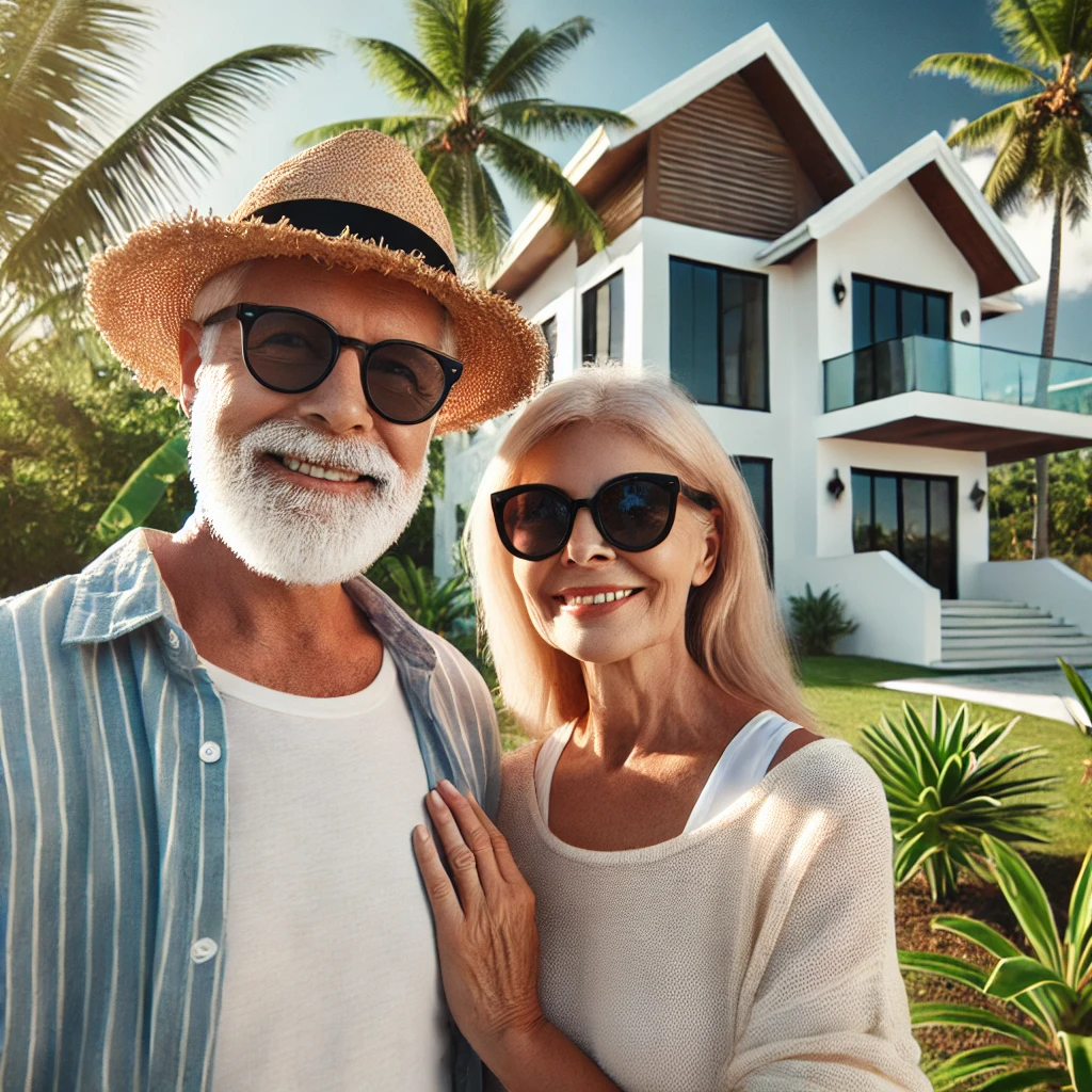 DALL·E 2025-02-21 09.37.03 - A different elderly German couple is standing in front of their dream home in the Dominican Republic. The man has no beard and is wearing a straw hat,